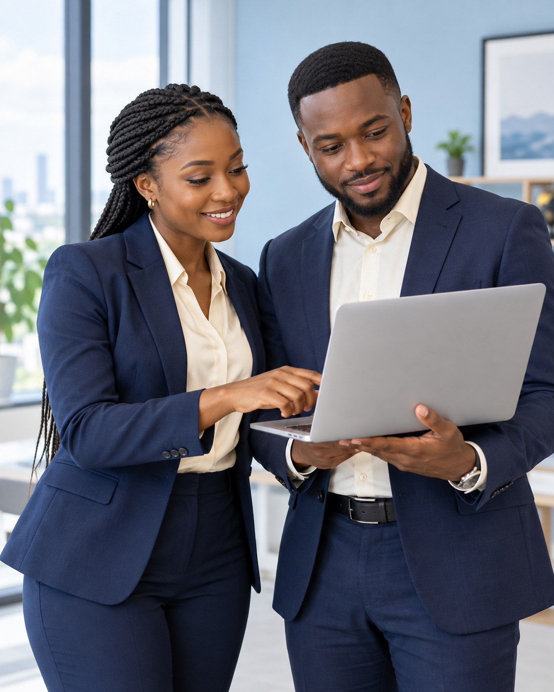 Two elegant Black advisers discussing a journey with a laptop